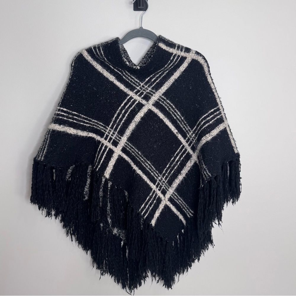 Black and White Plaid Poncho with Fringe